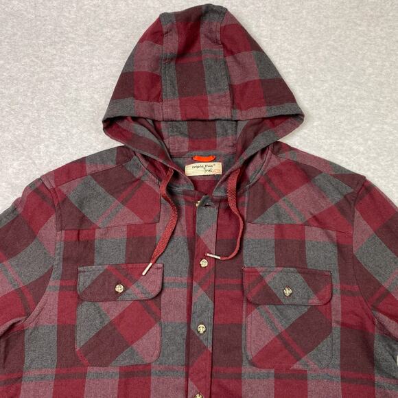 Triple Five Soul Mens L Hooded Shirt Long Sleeve Button Up Red Grey Plaid - Picture 2 of 9